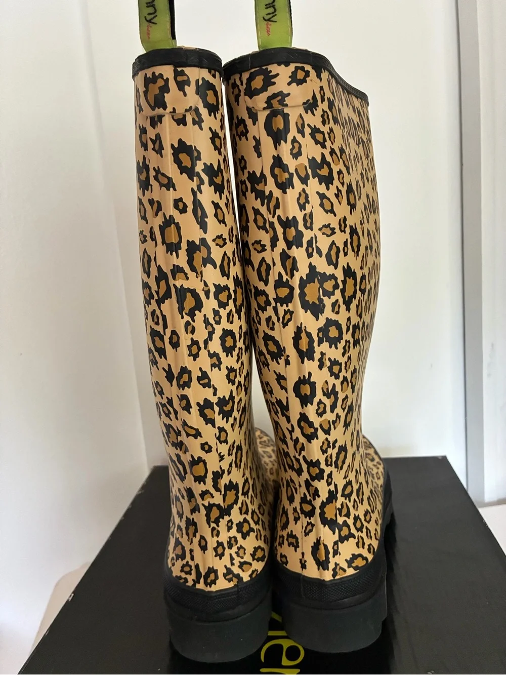Penny Loves Kenny Leopard Print Tan and Black Rain Boots
